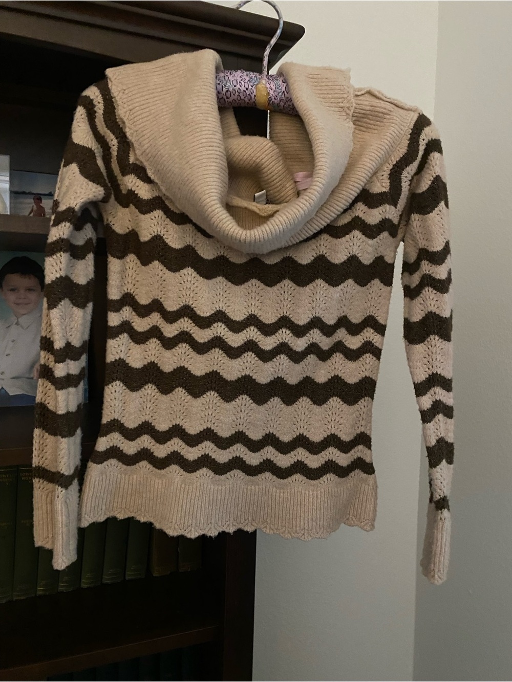 Francesca's Collections Cream and Brown Wavy-Stripe Cowl Sweater